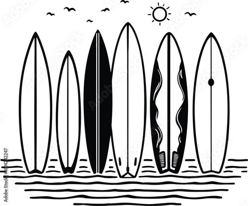 A line art illustration of six surfboards standing in the water with the sun and birds above them