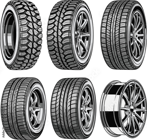 Collection of automotive tires, wheels and alloy rims with realistic high-detail vector illustration in transparent background.