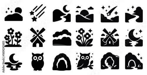 Nature and night silhouette icons set – filled, solid, landscape and nocturnal symbols