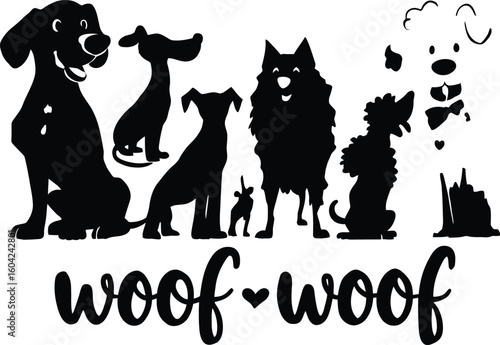 Silhouette illustration of various dog breeds with woof woof text on a white background art