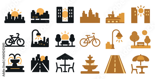 Urban park silhouette icons set – solid, filled, city and recreation symbols