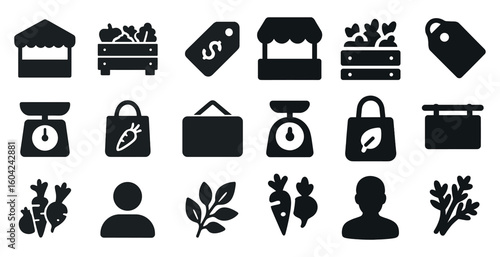 Organic market solid icons set – filled, silhouette, farm and produce graphics