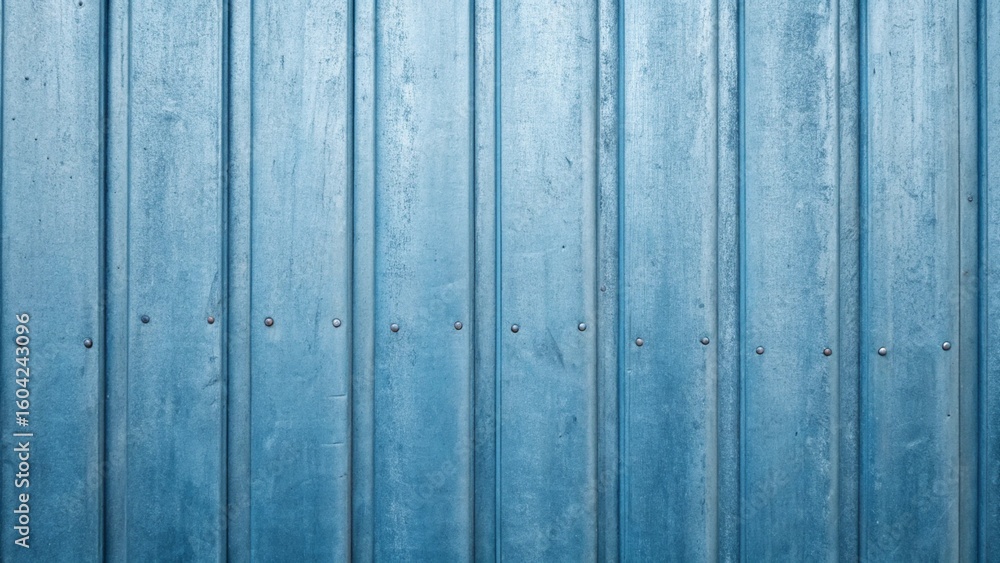A textured blue metal wall with vertical panels and rivets creates an industrial background A textured blue metal wall with vertical panels and rivets creates an industrial background