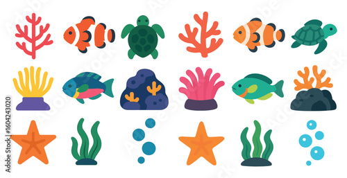 Underwater marine icons set – flat, vibrant aquatic sea life symbols