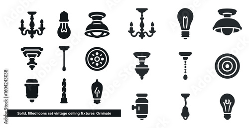 Vintage ceiling fixtures solid icons set – filled, lighting, antique design symbols