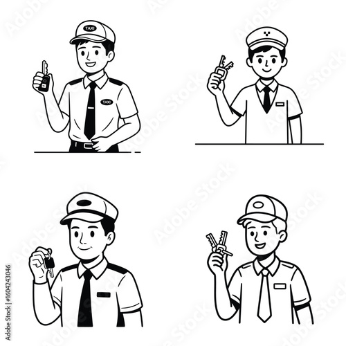 Four Black and White Illustrations of Taxi Drivers Holding Keys Smiling in Uniform car keys