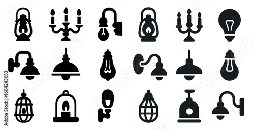 Vintage lamp silhouette icons set – filled, lighting, illumination symbols