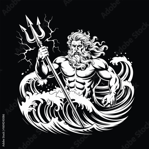 Poseidon greek god holding a trident with a water wave splash with electric power vector illustration.