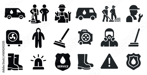 Cleaning service solid icons set – janitorial, sanitation, maintenance symbols