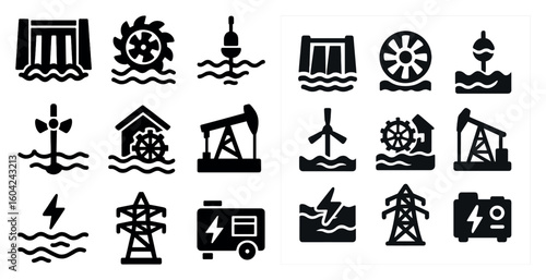 Renewable energy solid icons set – silhouette, eco, sustainable power symbols