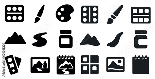 Art and painting solid icons set – creative, filled, design tools collection