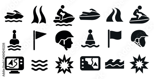 Water sports solid icons set – filled, aquatic, adventure activity symbols