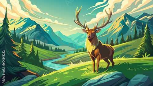A prehistoric elk stands majestically in a green alpine valley, its antlers covered in moss and morning dew glistening in the sunlight