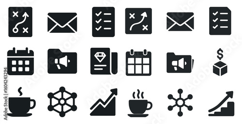 Business and strategy solid icons set – flat, filled, analytics and planning tools