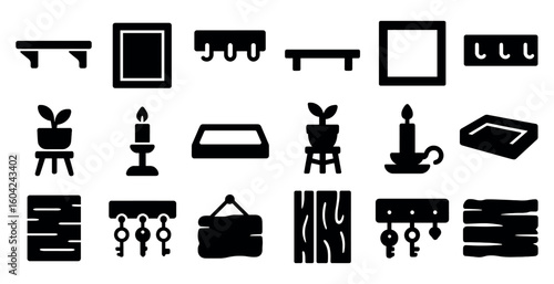 Home decor solid icons set – filled, furniture, interior decorating elements