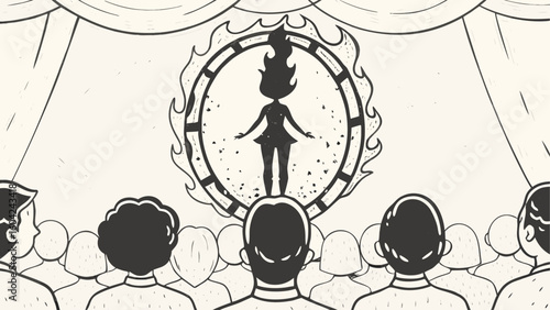 Silhouette of a woman standing in a ring of fire with an audience watching the performance onstage