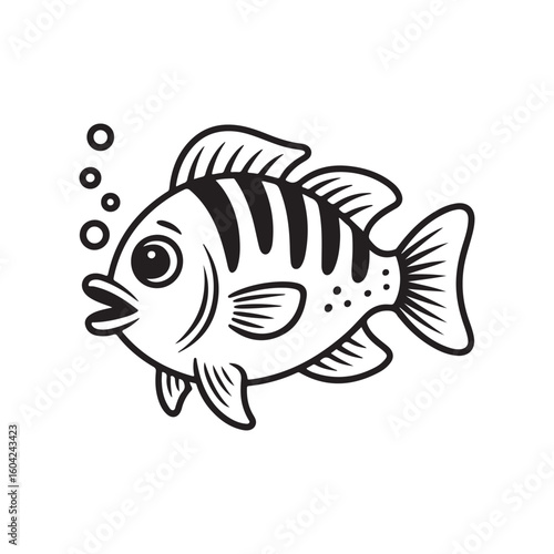Cartoon Fish with Stripes and Bubbles Swimming Merrily in the Sea Full of Life and Happiness