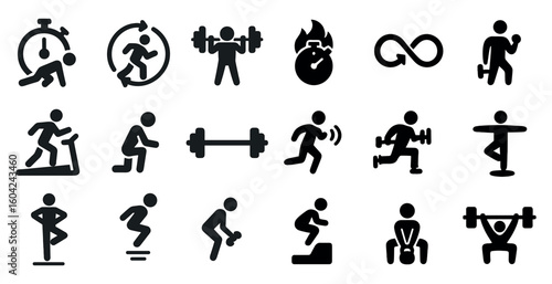 Fitness and exercise silhouette icons set – flat, filled workout and gym symbols