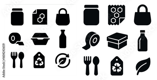 Eco-friendly solid icons set – recycling, sustainability, green lifestyle symbols