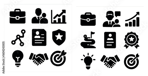 Business and office solid icons set – filled, corporate, professional symbols