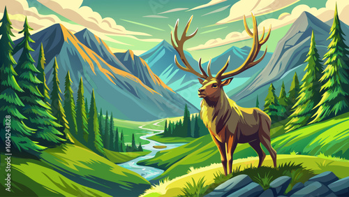 A prehistoric elk stands majestically in a green alpine valley, its antlers covered in moss and morning dew glistening in the sunlight