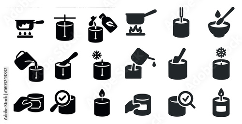 Candle making silhouette icons set – flat, filled, wax crafting tools symbols