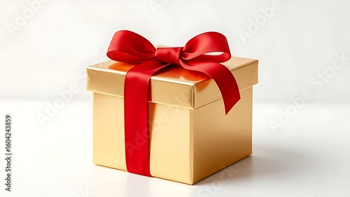Luxurious gold gift box adorned with a red ribbon, elegantly presented on a pristine white surface.