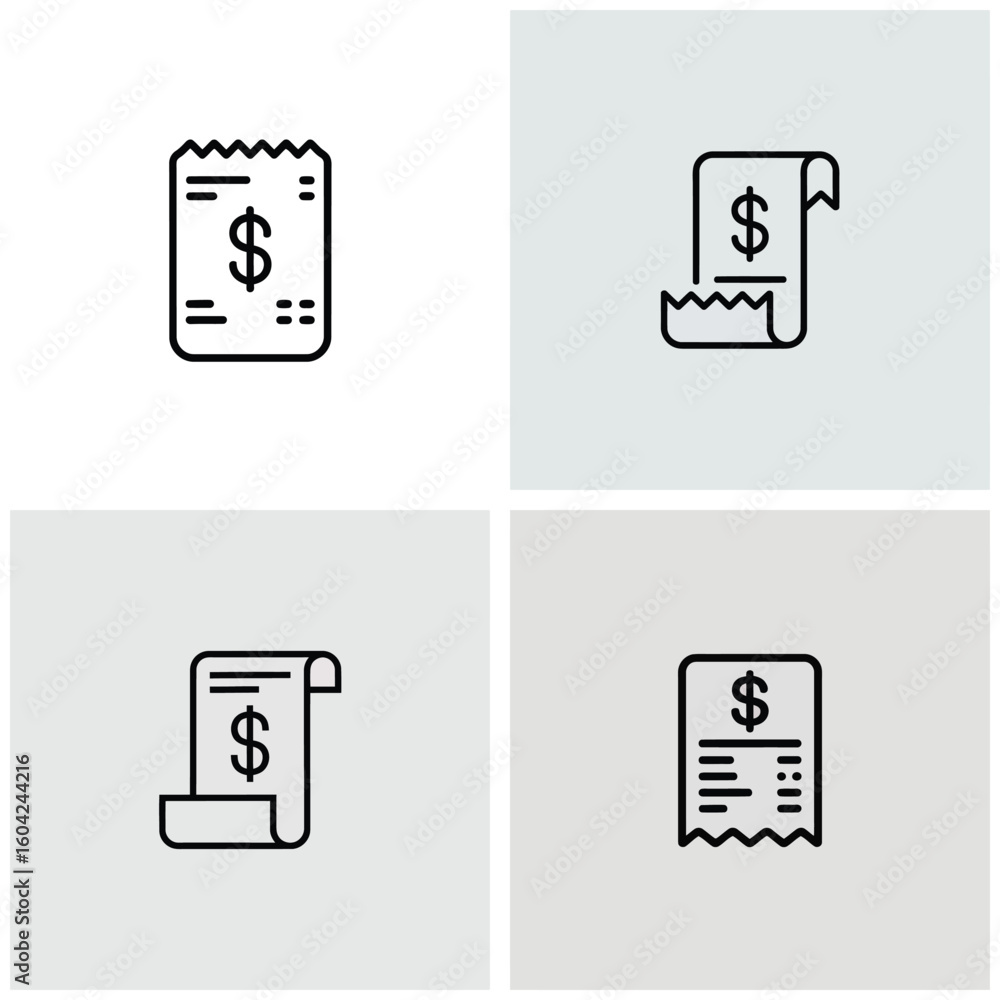 Four Black Line Icons Depicting Receipts with Dollar Signs on Light Gray Squares receipt icon Four Black Line Icons Depicting Receipts with Dollar Signs on Light Gray Squares receipt icon