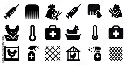 Pet care solid icons set – filled, grooming, veterinary and health symbols