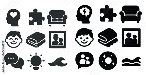 Mental health silhouette icons set – solid, filled, wellness and therapeutic symbols
