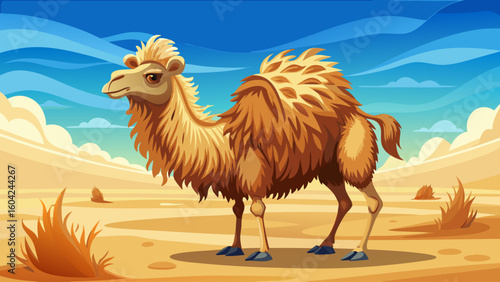 A woolly camel walks slowly across a wind-swept desert plain, its shaggy coat blending with the dust under a pale blue sky