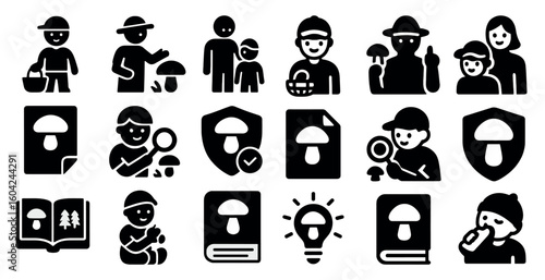 Mushroom hunting solid icons set – filled, foraging, nature exploration symbols