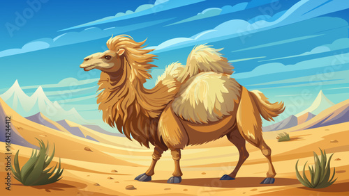 A woolly camel walks slowly across a wind-swept desert plain, its shaggy coat blending with the dust under a pale blue sky
