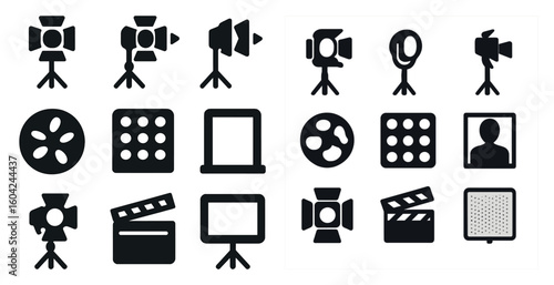 Film and photography silhouette icons set – cinema, camera, lighting symbols
