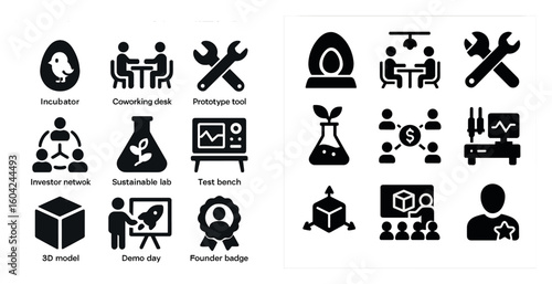 Tech startup solid icons set – filled, business innovation and entrepreneurship symbols