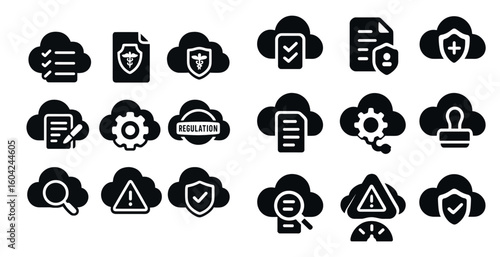 Cloud data security solid icons set – filled, privacy, protection symbols
