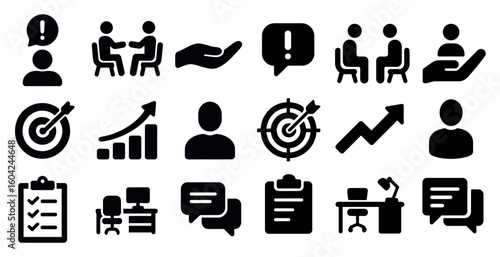 Business and communication solid icons set – filled, professional, corporate symbols