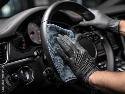 Person cleaning a car interior wiping steering wheel