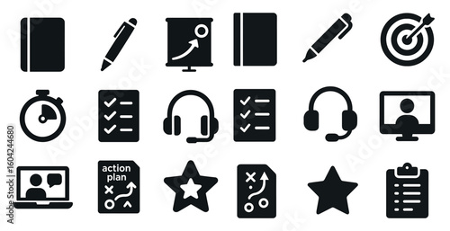 Business and productivity solid icons set – filled, task management, work efficiency