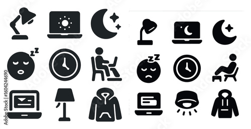 Nighttime activities filled icons set – solid, bedtime, sleep symbols collection