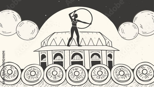 Silhouette of a woman with hula hoop standing on a building with wheels under a starry sky and clouds