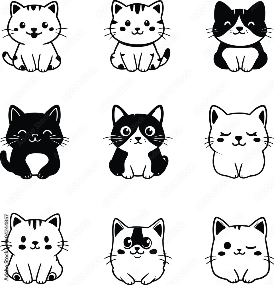 Fototapeta premium Nine cartoon cats in black and white with different expressions and fur patterns sitting down cute