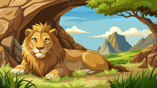 A cave lion rests beneath a rocky overhang in a sunny grassland, its fur golden and eyes sharp as it watches for movement nearby