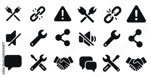 Silhouette icons set: essential utility, tools, and connection design elements