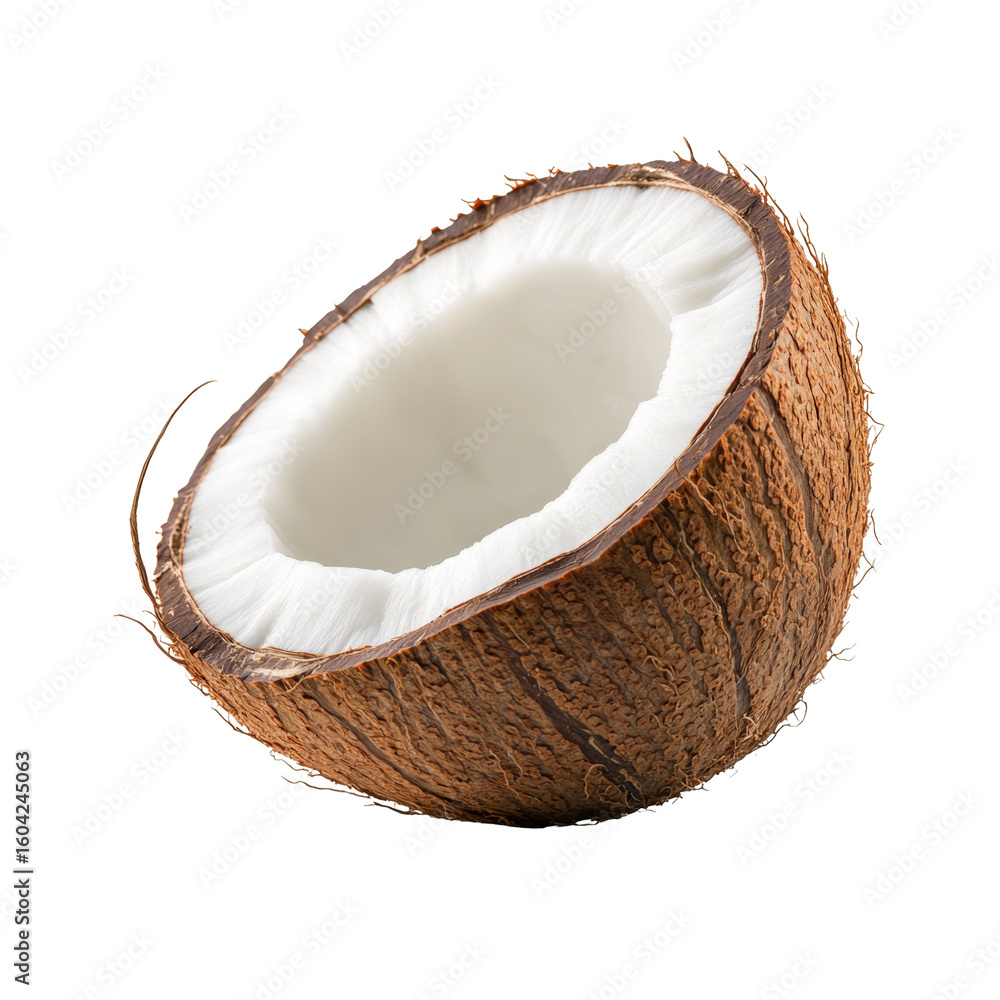 Half coconut with white flesh on black background Half coconut with white flesh on black background