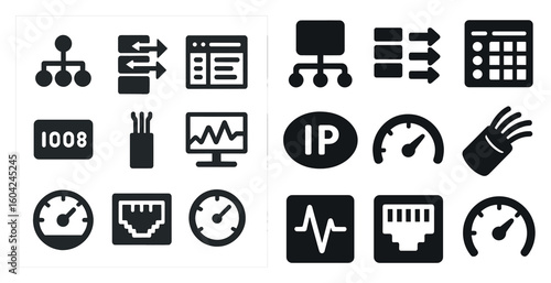 Networking and technology solid icons set – filled, connection, data symbols