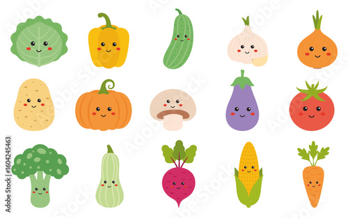 Vegetables set, vector collection of vegetables in cute kawaii style, icon set. Pumpkin, tomato, broccoli, mushroom, zucchini, potato, corn. Green, fresh veggies in childish set.