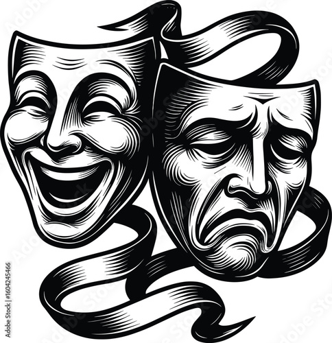 Theater mask vector | Comedy and tragedy, comic and tragic, happy, unhappy, and sad traditional symbol of drama mask illustration on transparent background.