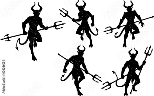 A set of four black silhouette illustrations of demons, each holding a trident.
