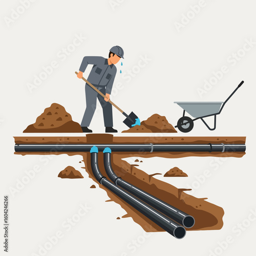Worker Digging Trench with Shovel Installing Black Pipes